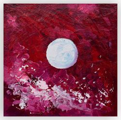 Night Sky Painting Cloud Original Art Full Moon Small artwork 6 by 6 " Moonlit Night Painting