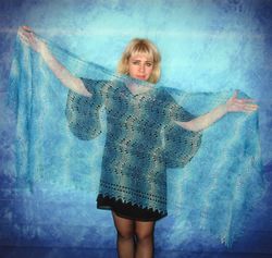 Hand knit blue-turquoise scarf,Warm Russian Orenburg shawl,Wool wrap,Goat down stole,Bridal cover up,Lace kerchief,Cape