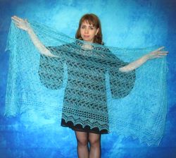 Hand knit turquoise scarf, Warm Russian Orenburg shawl, Wool wrap, Goat down stole, Bridal cover up, Lace kerchief, Cape
