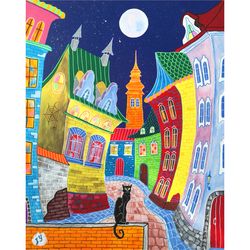 Fairytale Painting Whimsical Original Art Cat Artwork Colorful Houses Art Fantasy City Painting by ArtRoom22