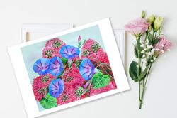 Poster Blue Bindweed Morning Glory in the Garden, Watercolor Flowers for Gift