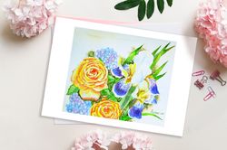 Poster with Irises and Yellow Roses , Watercolor Flowers for Gift