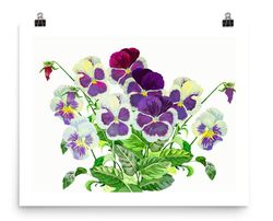 Bouquet with Claret Blue Pansies, Watercolor Flowers for Gift