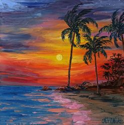 Sunset Beach Painting Seascape Oil Painting 8 by 8 Palm Trees Original Art Sunset Sky Wall Art