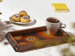 Small wood coffee tray, handpainted, ethnic style