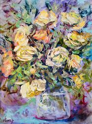 Yellow Roses Flower Bouquet Oil Painting Impasto Original Artist Svinar Oksana