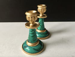 russian metal candlestick set of two, vintage pair of candlesticks | made of typographic alloy, with stone malachit