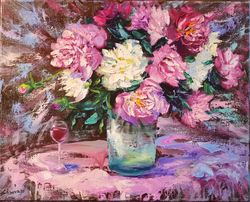 Peonies Glass Vase Wine Oil Painting Flower Impasto Original Artist Svinar Oksana