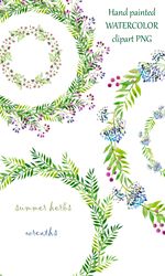 5 watercolor wreaths with summer flowers and herbs
