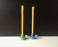 Set of Two (2) Small ceramic candlestick holders with a handle Made in Russia