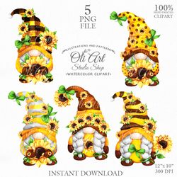 Sunflower Gnome Clip Art. Cute Characters, Hand Drawn graphics. Digital Download. OliArtStudioShop