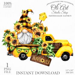 Sunflower Truck, Gnome Clipart. Hand Drawn Graphics, Instant Download. Digital Download. OliArtStudioShop