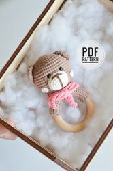 Crochet Teddy bear rattle biting ring crochet pattern PDF in English Bear lover gift