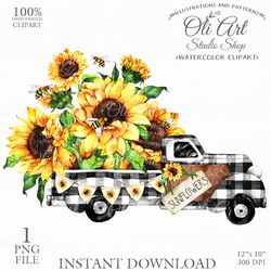 Sunflower Truck Clipart. Hand Drawn Graphics, Instant Download. Digital Download. OliArtStudioShop