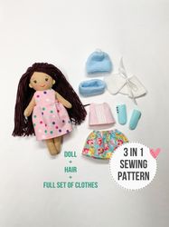 3 in 1 sewing pattern: Cloth doll with the set of  clothes sewing pattern, DIY doll with clothes set, Rag doll tutorial