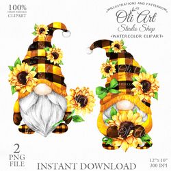Sunflower Gnome Clip Art. Cute Characters, Hand Drawn graphics. Digital Download. OliArtStudioShop