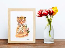 Poster for Child Room, Tiger With a Branch of  Rowan, Watercolor Animal