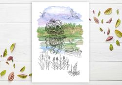 Touristic Poster Trip at the Lake with Boat, Bird, Trees, Dragonfly