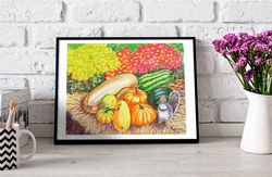 Poster Squirrel and Pumpkins Watercolor Flowers for Gift