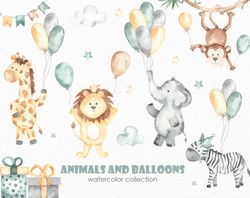 Animals and balloons watercolor clipart. Zebra, lion, elephants, giraffe, monkey, balloons, caps, crown, clouds, gifts