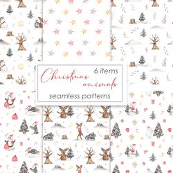 Christmas patterns watercolor seamless pattern with cute arctic animals, deer, polar bear, penguin