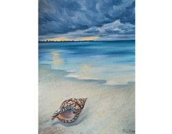 San Diego Beach Painting Seascape Canvas Oil Painting 14 by 10 Seashell Original Art Sunset Artwork