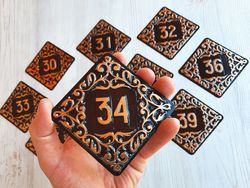 Apartment number sign 34 - decorative rhomb address plate vintage