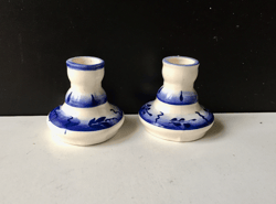 Set of Two (2) Ceramic Stoneware Candleholders | Blue/White Design | (Height: 2''/ 5 cm) | Made in Russia/