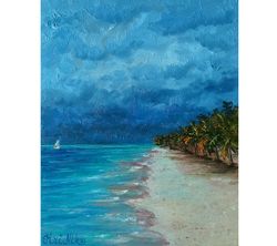 Coastal Painting Beach Oil Painting Original Art 10 by 8 Storm Clouds Wall Art Seascape Painting Sailboat Artwork