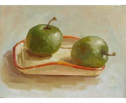 Green Apple Painting Fruit Original Art Small Oil Painting Apple Still Life 7x9,5" by Svetlana