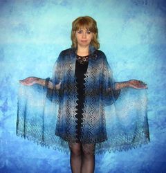 Hand knit blue scarf, Warm Russian Orenburg shawl, Wool wrap, Goat down stole, Lace cover up, Kerchief, Pashmina, Cape