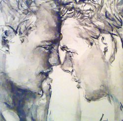 Original art, gay art interest, sexy beauty boys in love, 2 heads portrait, watercolour.