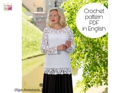 Pullover with white lace - Irish  crochet pattern , crochet pattern , crochet  blouse pattern , crochet flower pattern