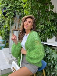 Knit Mohair Cardigan, Green Shrug Wool Jacket, Knitted Mohair Coat, Oversized Sweater Cardigan, Sheer Cardigan