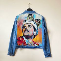 Painted denim jacket Queen Freddie Mercury Jeans jacket Portrait Personalized jacket designer jean jacket denim clothing