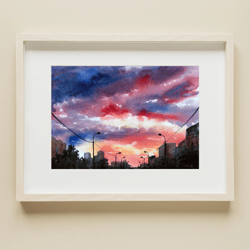 sunset in the city landscape scenery wall art printable instant download diy print landscape bedroom decor watercolor