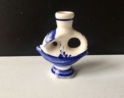 Ceramic candle holder - White and Blue Ship | Height: 6.0 cm (2,4 inches) | Made in Russia