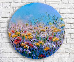 Summer landscape daisies, Yellow Flowers, Daisies Painting, Original Round Canvas, Painting Impasta 50cm