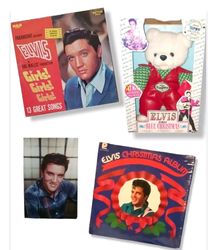 Vintage Elvis Presley Memorabilia Lot of 4,  2 Records, Postcard and Elvis Bear