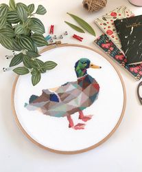 Geometric Duck Cross Stitch Pattern PDF - Modern Mallard Hand Embroidery Design, Easy to Follow Xstitch Charts