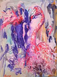 Pink Flamingo Abstract Love Art Original Oil Painting Author Artist Svinar Oksana