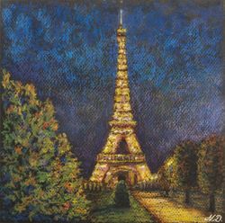 Paris Painting Original Art Eiffel Tower Artwork Cityscape French Painting Oil Pastel 8x8 by NataDuArt