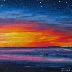 Sunset Painting Night Landscape Oil Painting 12 by 12 Colorful Original Artwork Starry Night Art
