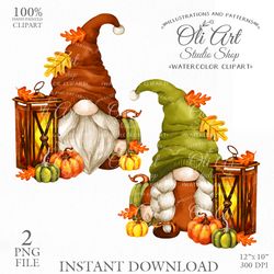 Fall Gnome Clip Art. Autumn. Shristmas lantern. Pumpkin. Hand Drawn graphics. Digital Download. OliArtStudioShop