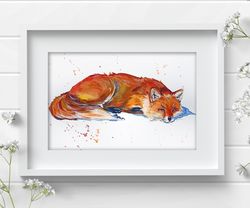 Watercolor original sleeping fox painting 8x10 inches original art by Anne Gorywine