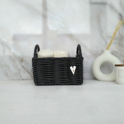 Hand towel basket. Black storage basket. Small wicker hamper. Woven rectangle box. Bathroom basket. Shelf basket. Hygge