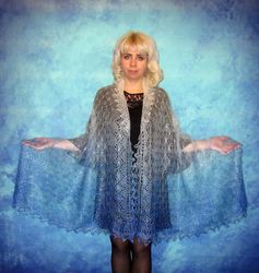 Hand knit blue scarf, Warm Russian Orenburg shawl, Wool wrap, Goat down stole, Lace cover up, Kerchief, Pashmina, Cape