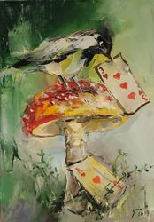 Chickadee, fly agaric, Alice original oil painting on stratched canvas. Birds original art.