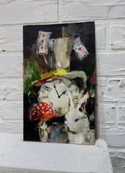 march rabbit original oil painting, black art, fly agaric hat artwork, stretched canvas, Alice original oainting