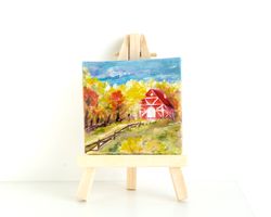 Autumn old Farm Red Forest Road Mini Tiny Acrylic Painting on Canvas Colorful Miniature Brightly Work Original
